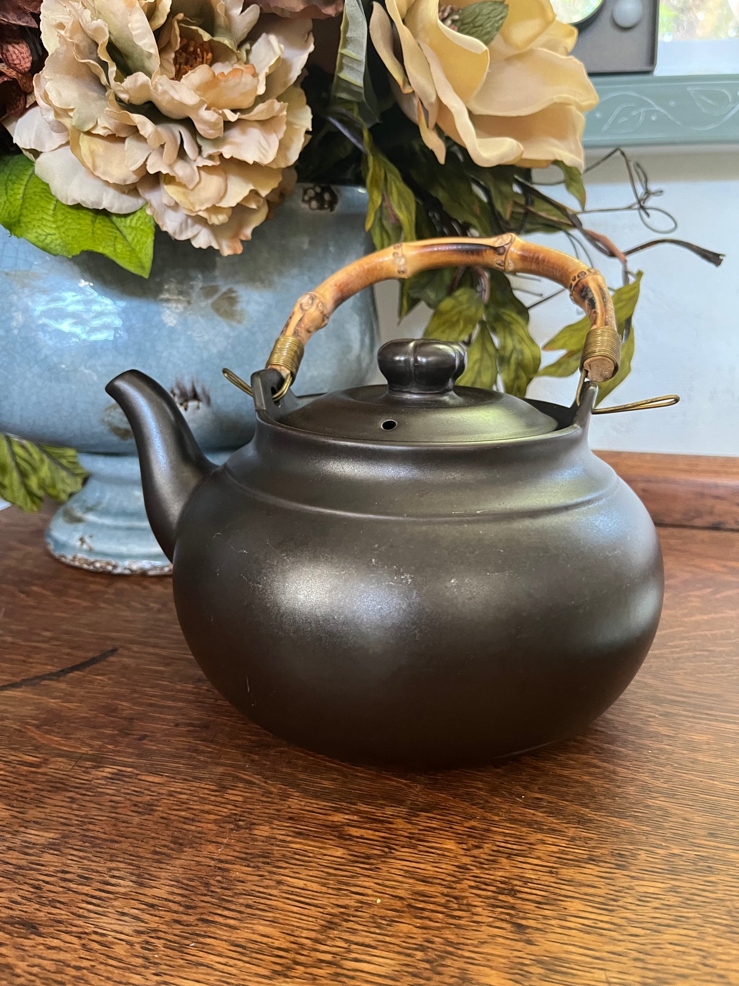 Vintage Bamboo Handle Teapot - Dark Brown - Timeless Ceramic Tea Pot