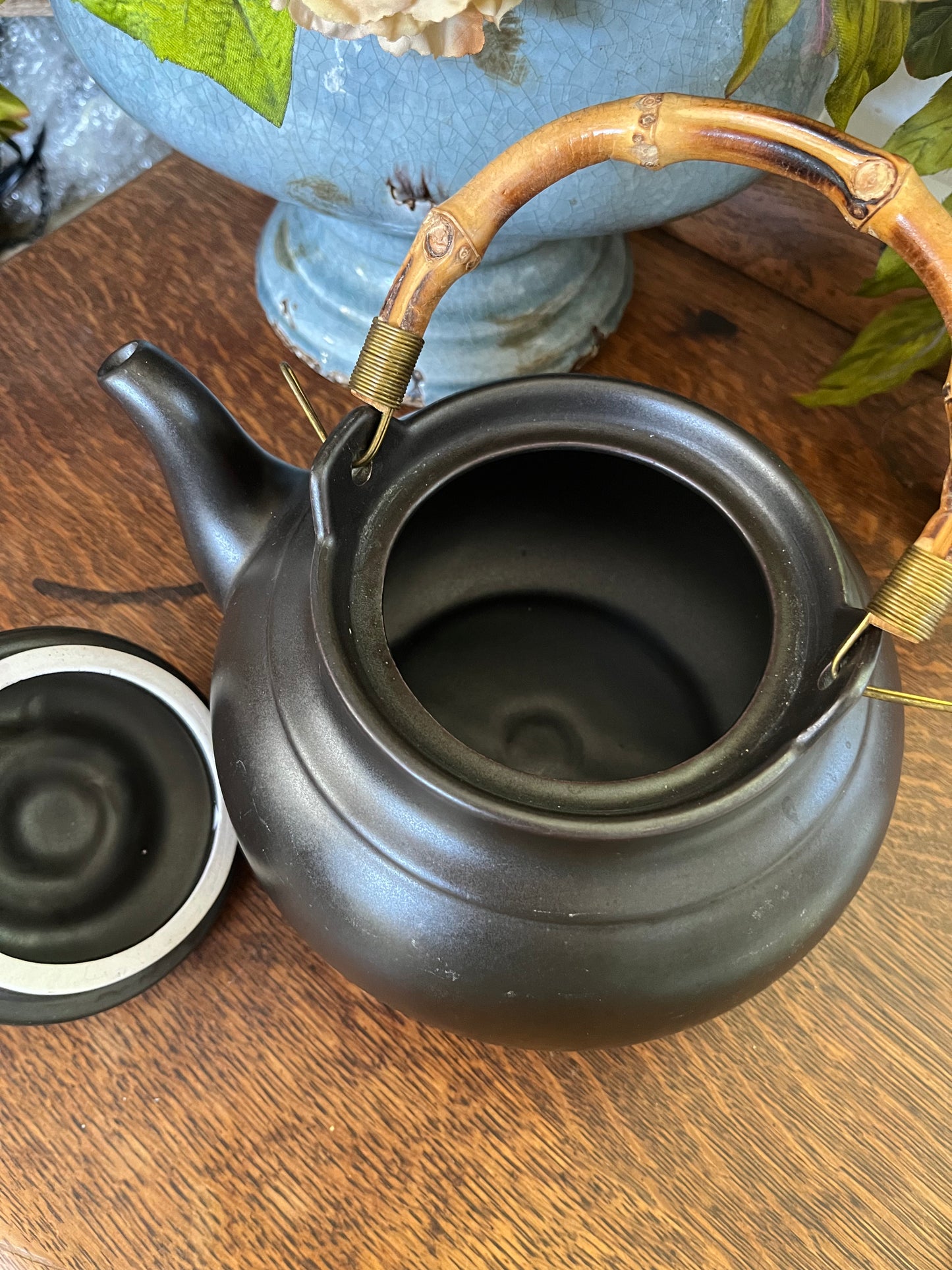 Vintage Bamboo Handle Teapot - Dark Brown - Timeless Ceramic Tea Pot