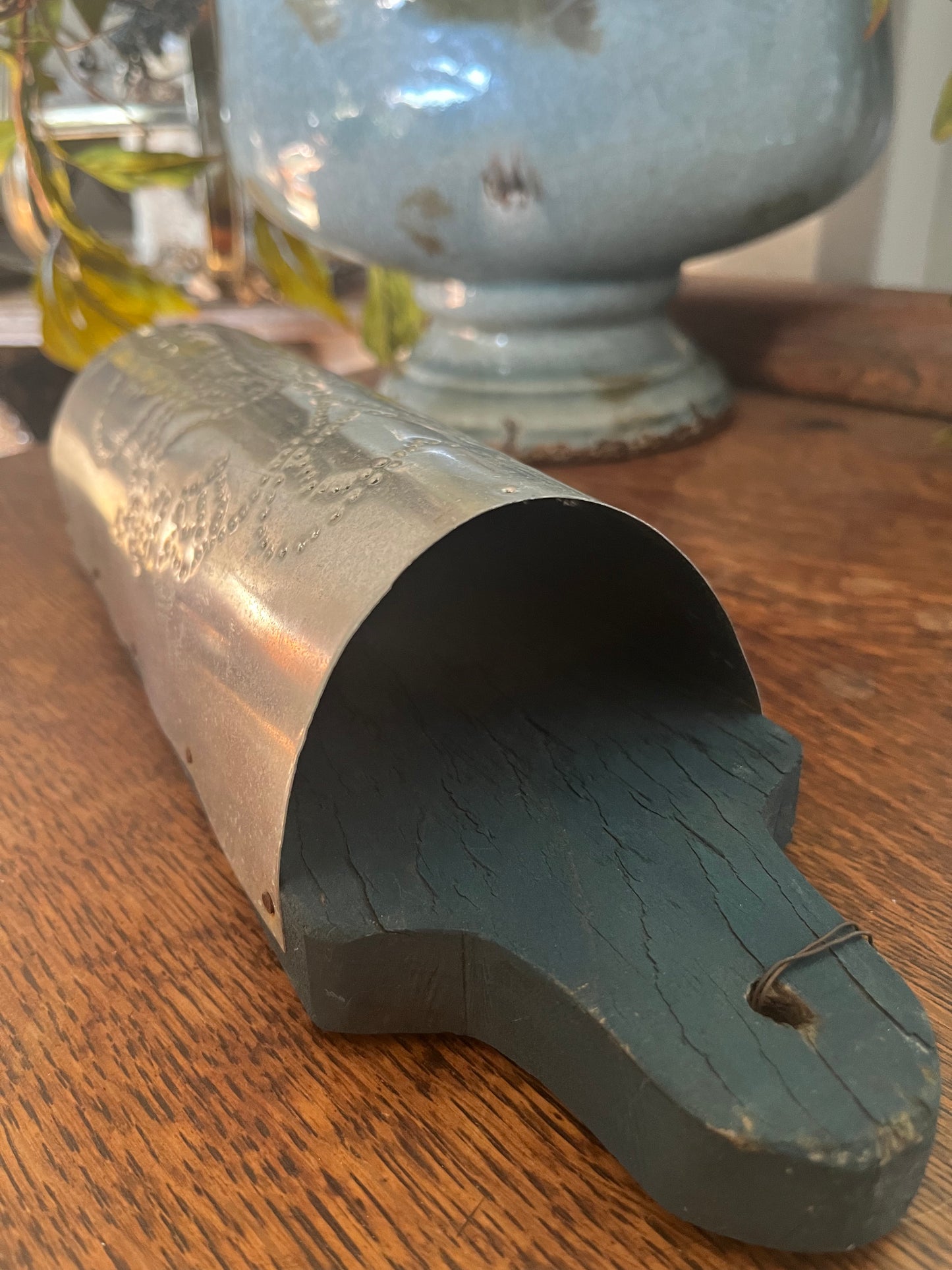 Vintage Silver Aluminum and Blue Wood Flower Holder - Stylish Floral Décor