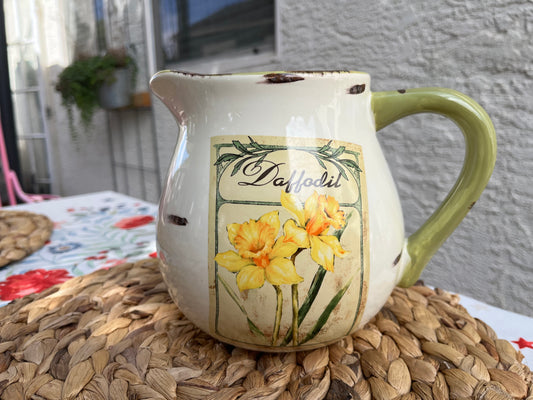 Rustic Daffodil Pitcher - Cream with Sage Green and Brown Accents - Hand-Painted Ceramic Décor