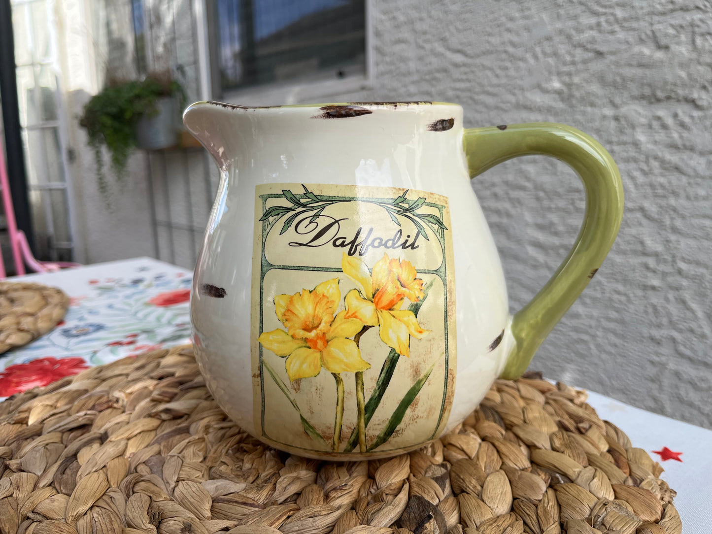 Rustic Daffodil Pitcher - Cream with Sage Green and Brown Accents - Hand-Painted Ceramic Décor