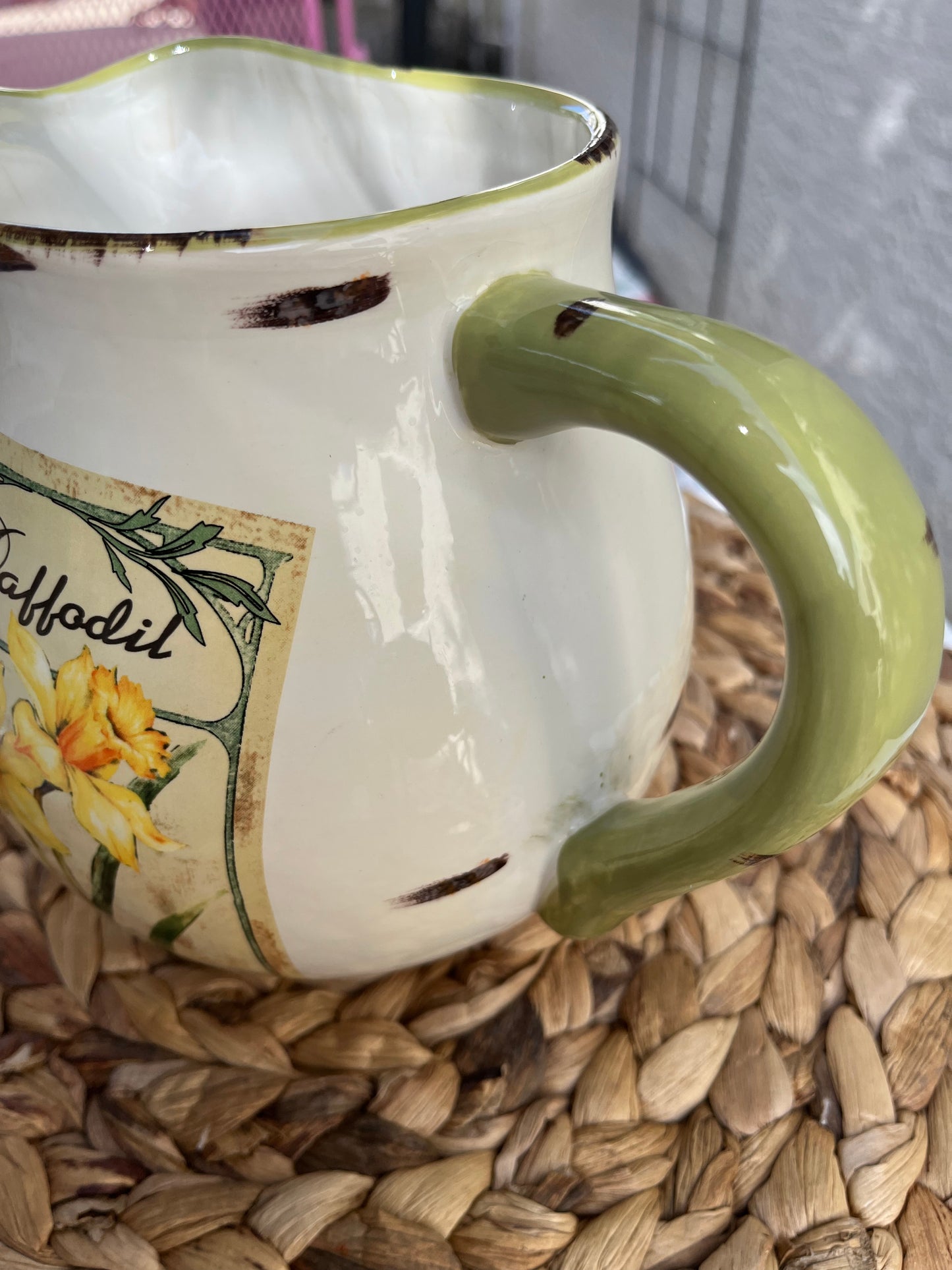 Rustic Daffodil Pitcher - Cream with Sage Green and Brown Accents - Hand-Painted Ceramic Décor