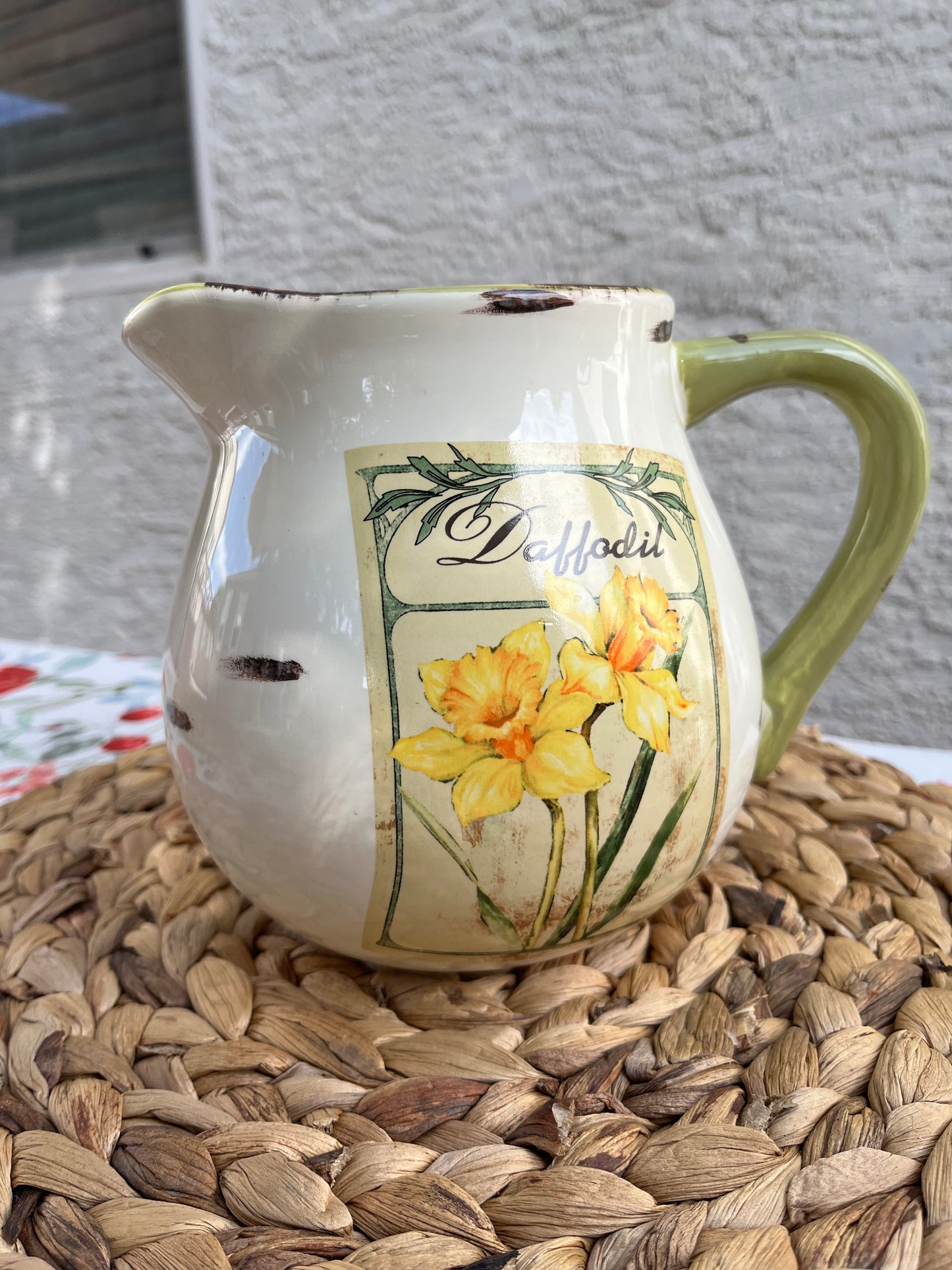 Rustic Daffodil Pitcher - Cream with Sage Green and Brown Accents - Hand-Painted Ceramic Décor