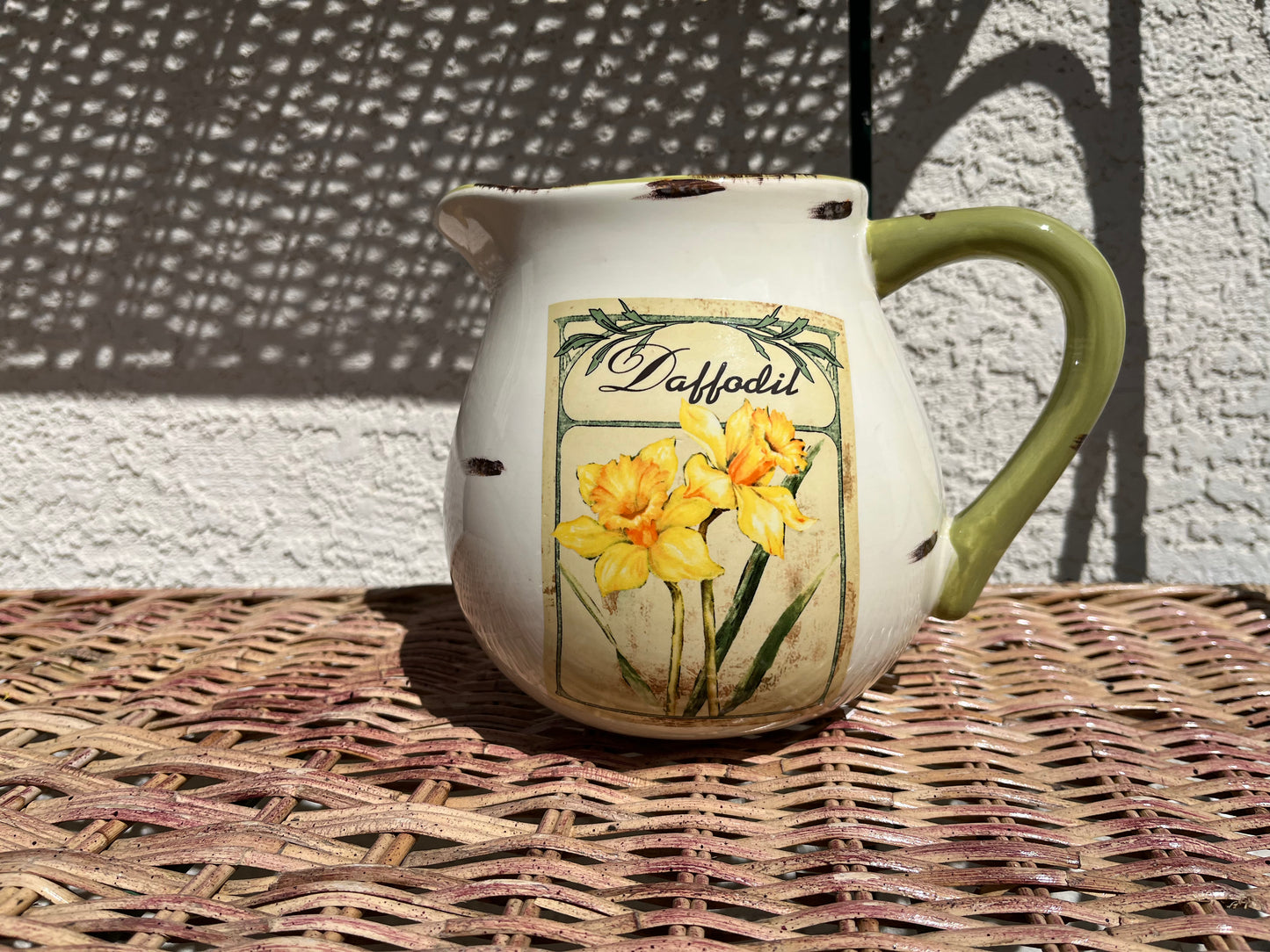 Rustic Daffodil Pitcher - Cream with Sage Green and Brown Accents - Hand-Painted Ceramic Décor