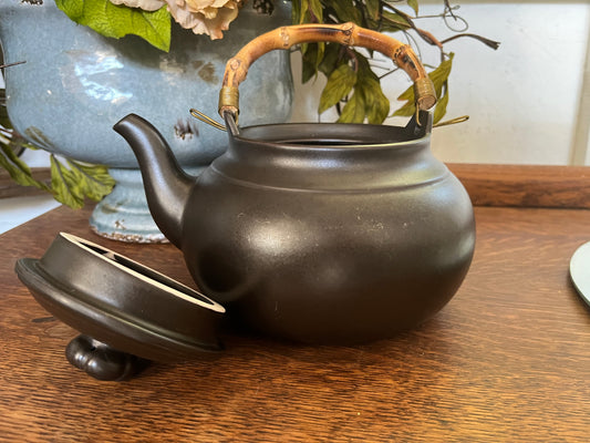 Vintage Bamboo Handle Teapot - Dark Brown - Timeless Ceramic Tea Pot