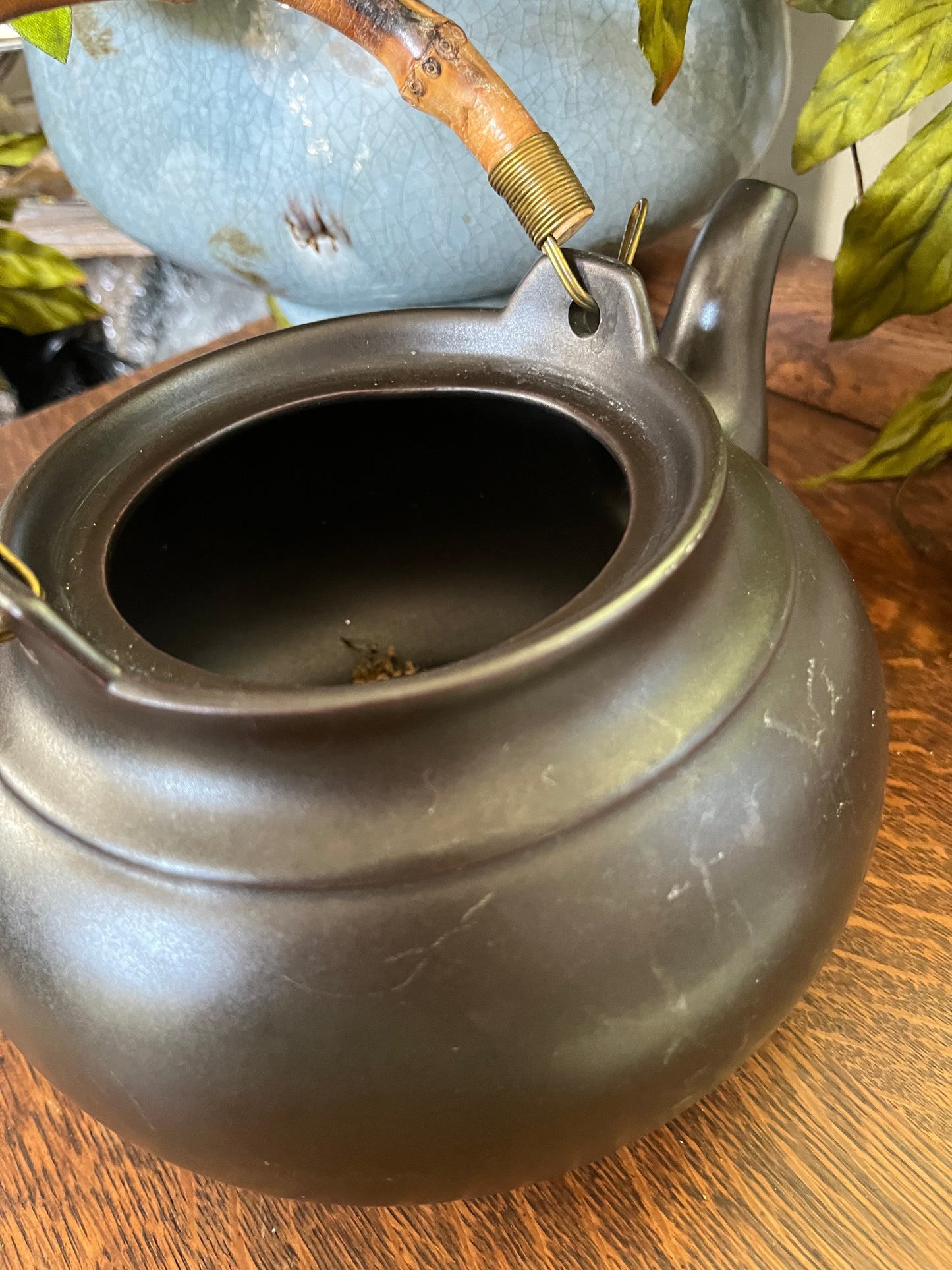 Vintage Bamboo Handle Teapot - Dark Brown - Timeless Ceramic Tea Pot