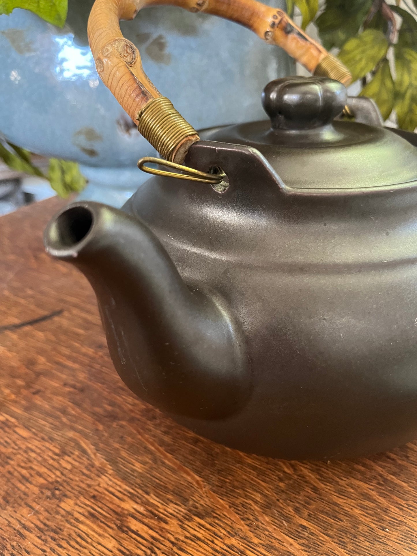 Vintage Bamboo Handle Teapot - Dark Brown - Timeless Ceramic Tea Pot